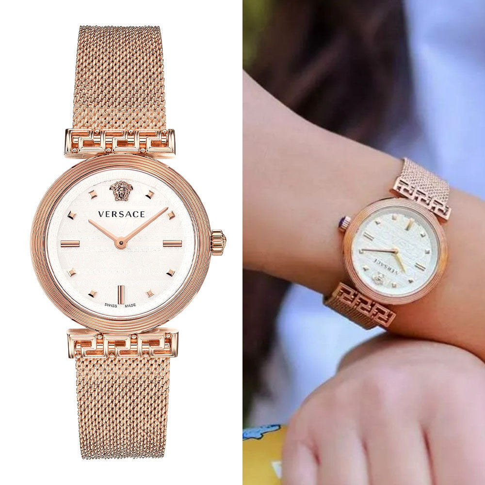 Versace Meander White Dial Rose Gold Mesh Bracelet Watch for Women - VELW00620