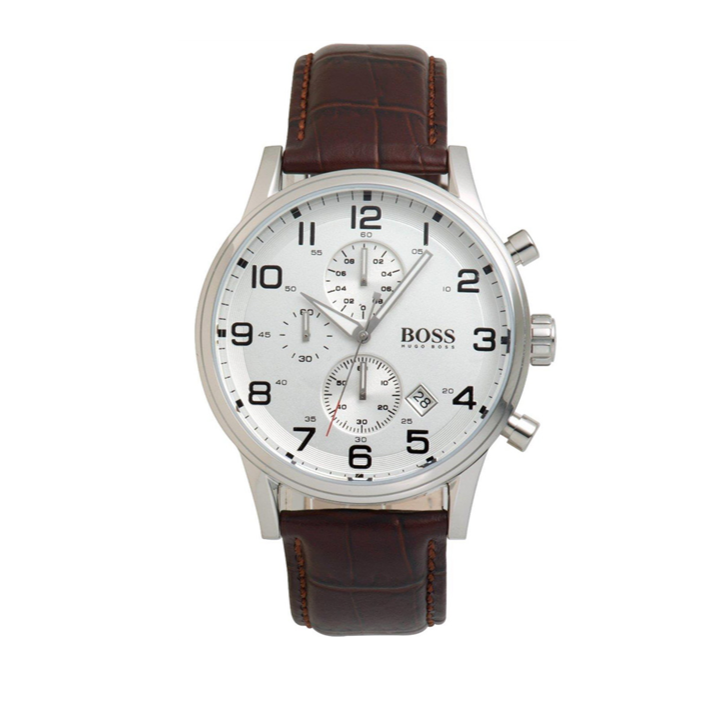 Hugo Boss Aeroliner Chronoraph White Dial Brown Leather Strap Watch For Men - 1512447