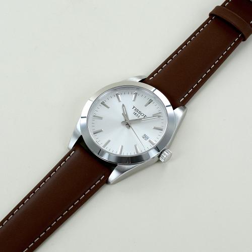 Tissot Gentleman Silver Dial Brown Leather Strap Watch For Men - T127.410.16.031.00
