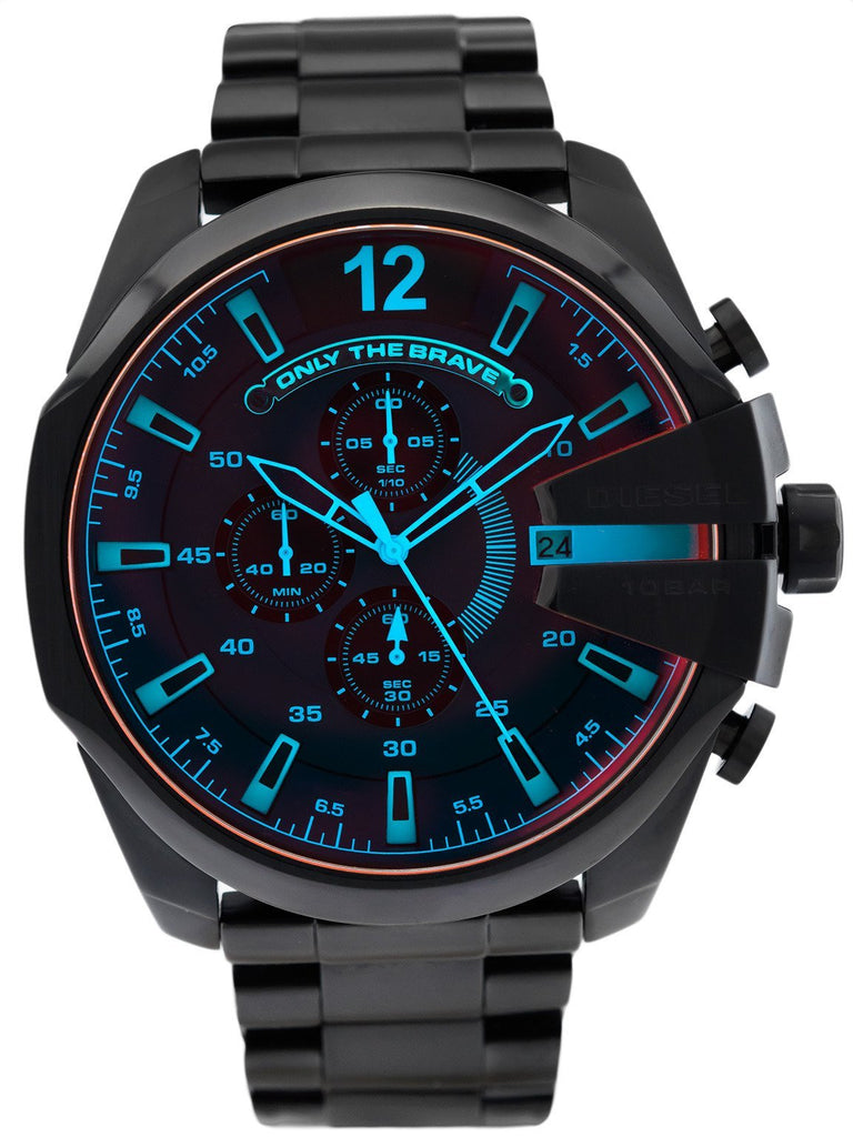 Diesel Mega Chief Chronograph Black Dial Black Steel Strap Watch For Men - DZ4318