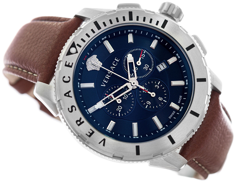 Versace Casual Chronograph Blue Dial Brown Leather Strap Watch for Men - VERG002-18