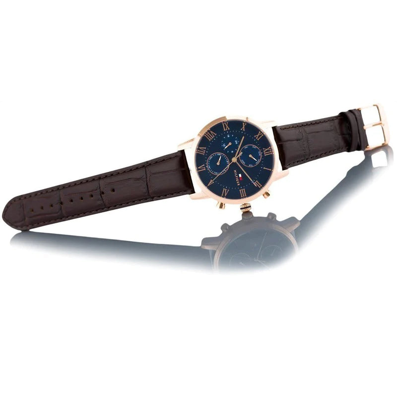 Tommy Hilfiger Kane Chronograph Blue Dial Brown Leather Strap Watch for Men - 1791399