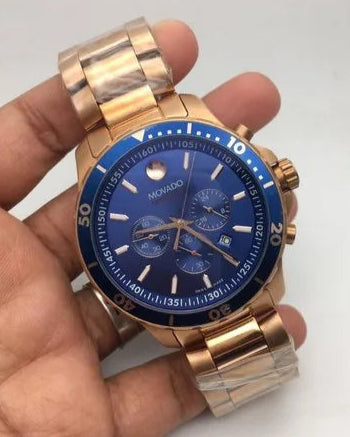 Movado Series 800 Blue Dial Gold Steel Strap Watch For Men - 2600144