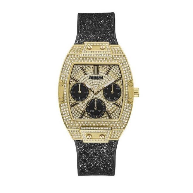 Guess Raven Diamonds Champagne Dial Black Rubber Strap Watch For Women - GW0105L2