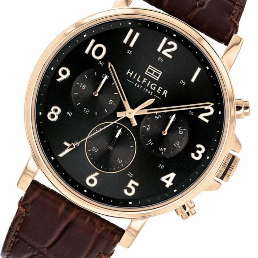 Tommy Hilfiger Daniel Black Dial Brown Leather Strap Watch for Men - 1710379