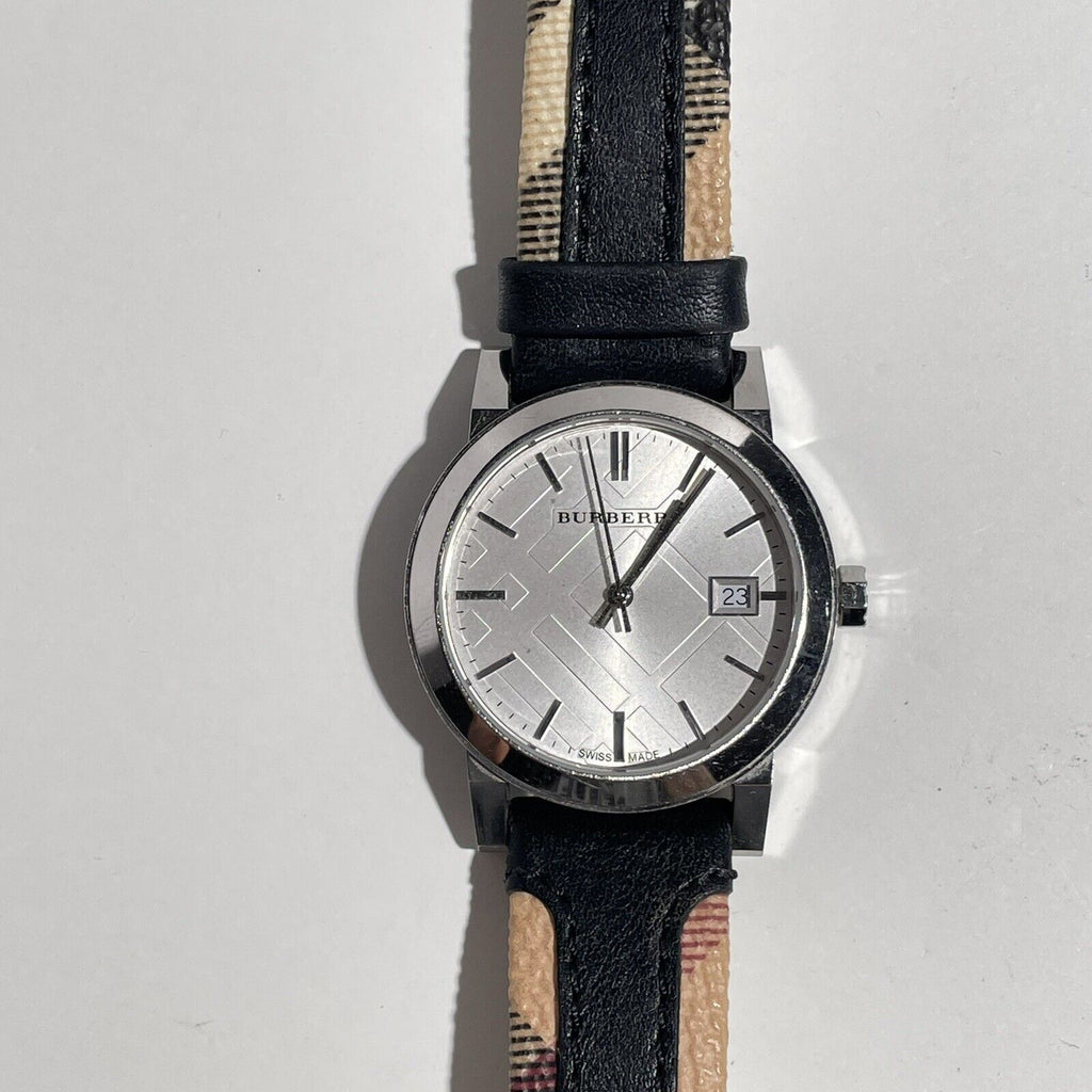 Burberry The City White Dial Black Haymarket Leather Strap Watch for Women - BU9150