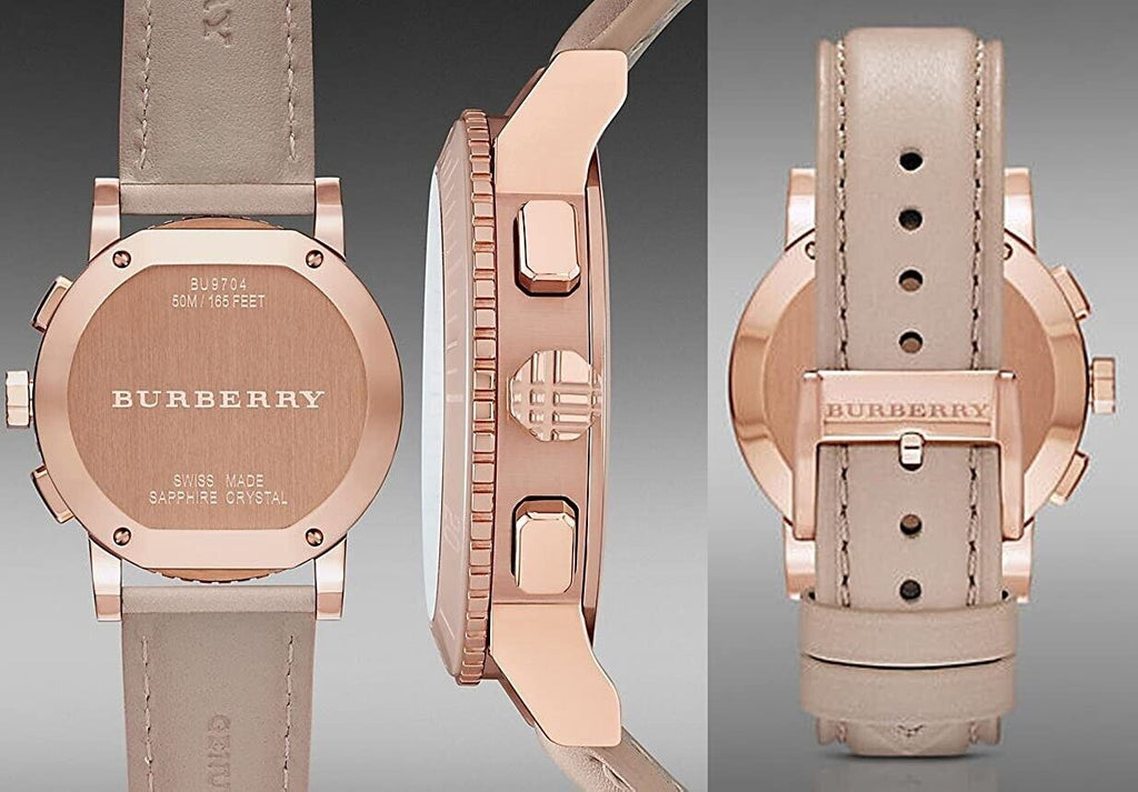 Burberry Chronograph Rose Gold Dial Beige Leather Strap Watch for Women - BU9704