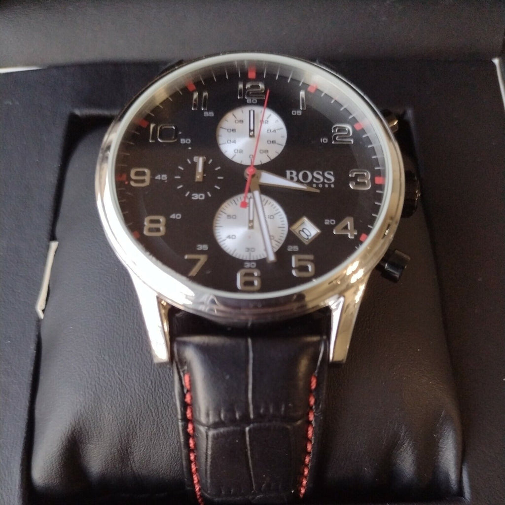 Hugo Boss Aeroliner Black Dial Black Leather Strap Watch for Men - 1512631