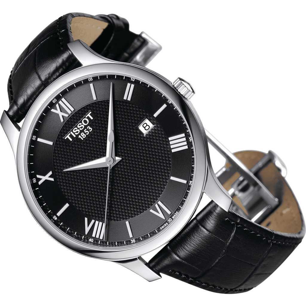 Tissot T Classic Tradition Quartz Black Dial Black Leather Strap Watch For Men - T063.610.16.058.00