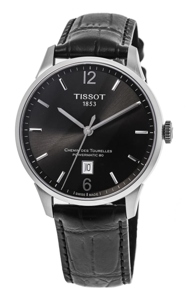 Tissot Chemin Des Tourelles Powermatic 80 Black Dial Black Leather Strap Watch For Men - T099.407.16.447.00