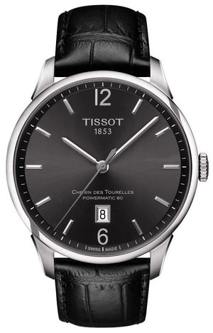 Tissot Chemin Des Tourelles Powermatic 80 Black Dial Black Leather Strap Watch For Men - T099.407.16.447.00