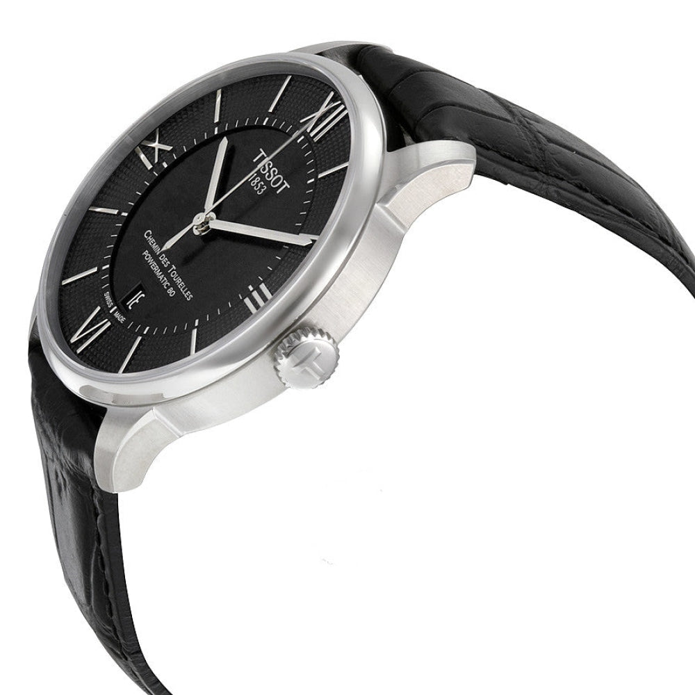 Tissot Chemin Des Tourelles Powermatic 80 Black Dial Black Leather Strap Watch For Men - T099.407.16.058.00