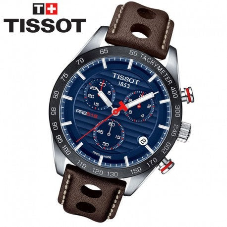 Tissot PRS 516 Chronograph Blue Dial Brown Leather Strap Watch For Men - T100.417.16.041.00