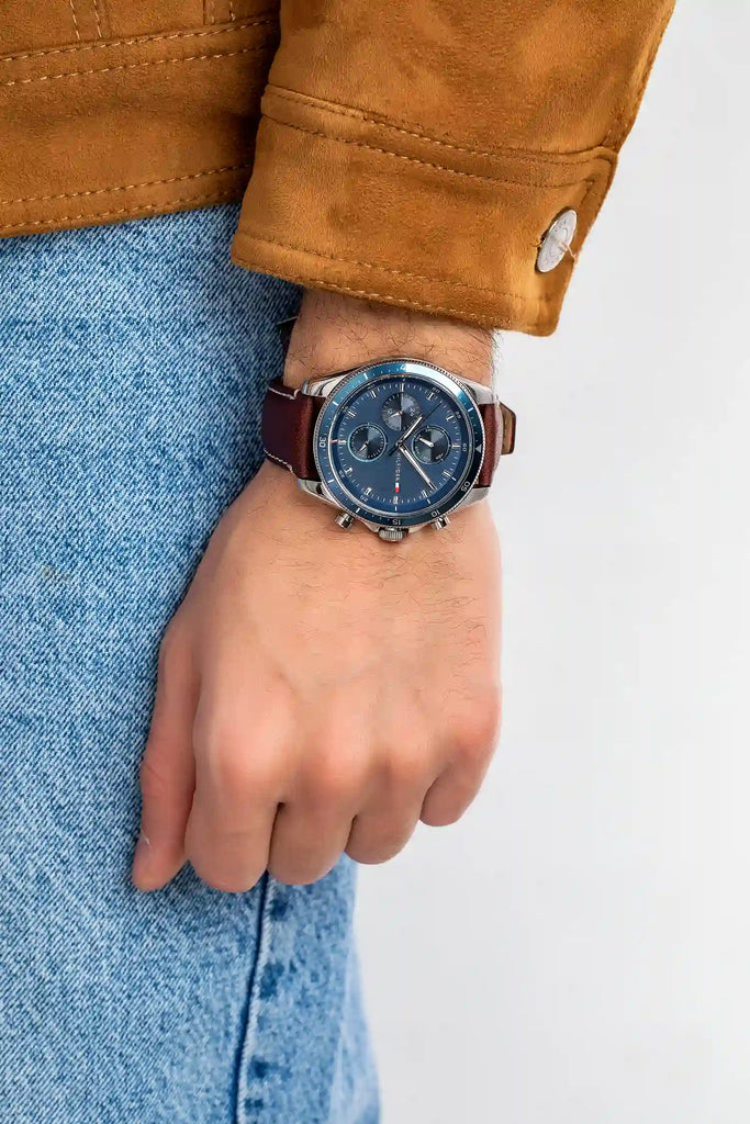 Tommy Hilfiger Parker Chronograph Blue Dial Brown Leather Strap Watch For Men - 1791837