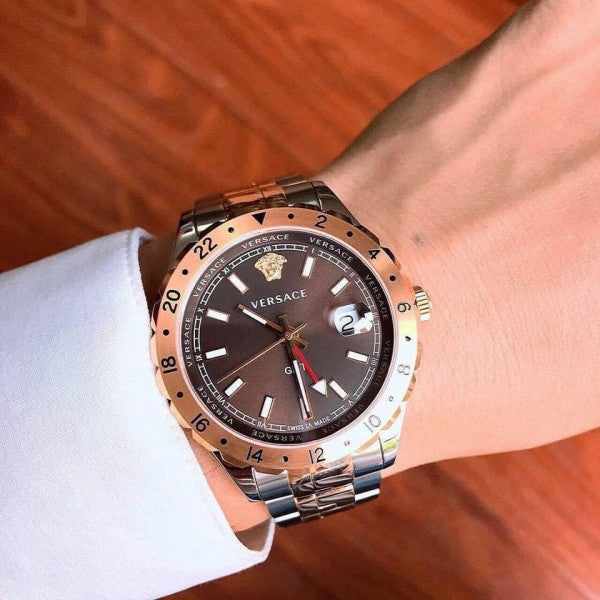 Versace Hellenyium GMT Black Dial Two Tone Steel Strap Watch for Men - V11040015