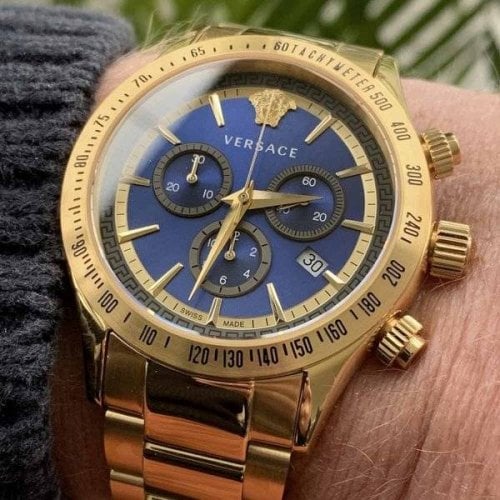 Versace Classic Chronograph Quartz Blue Dial Gold Steel Strap Watch For Men - VEV700619