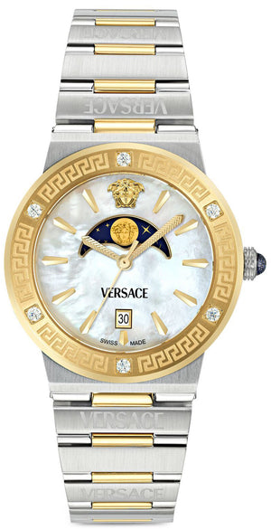 Versace Greca Logo Moonphase Mother of Pearl Dial Two Tone Steel Strap Watch for Women - VE7G00524