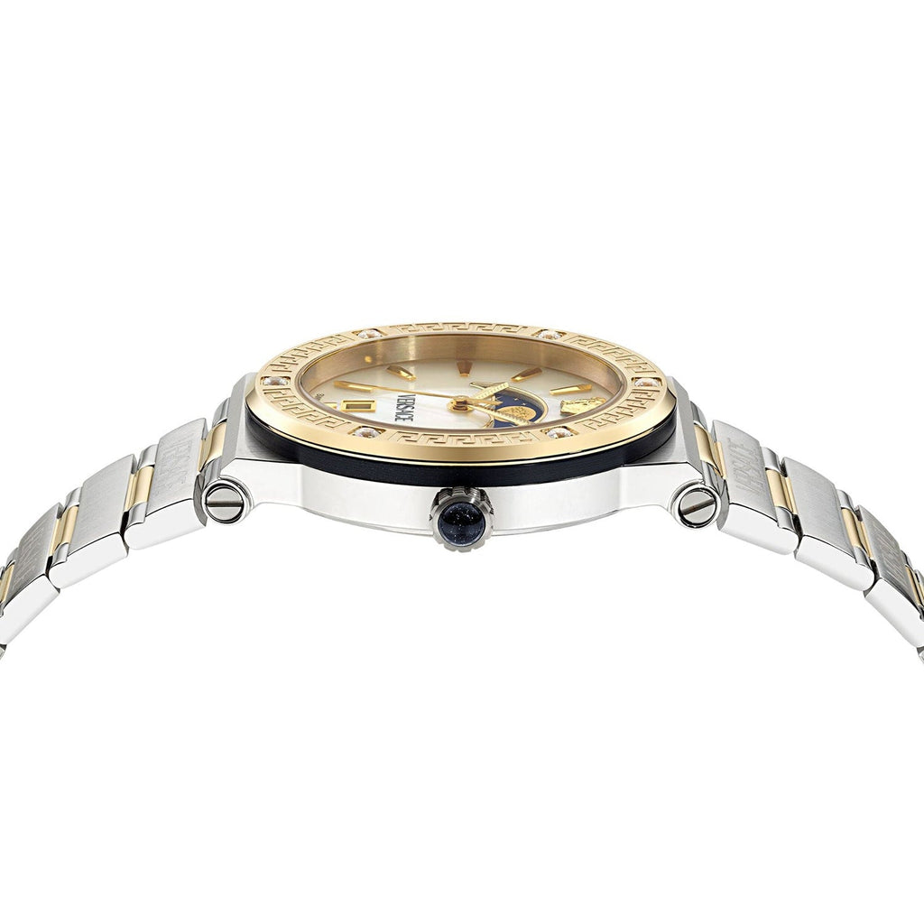 Versace Greca Logo Moonphase Mother of Pearl Dial Two Tone Steel Strap Watch for Women - VE7G00524