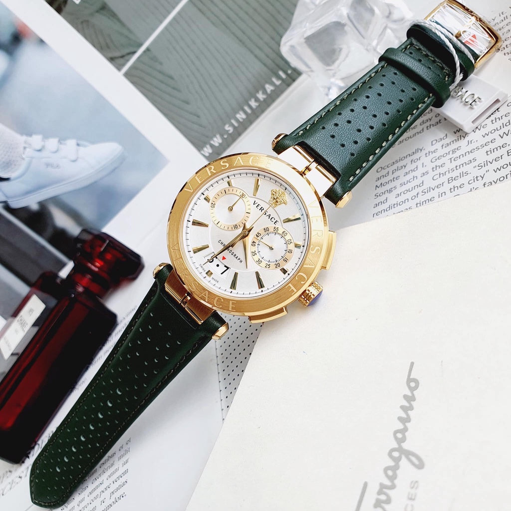 Versace Aion Chronograph White Dial Green Leather Strap Watch for Men - VBR020017