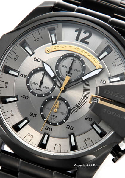 Diesel Mega Chief Chronograph Grey Dial Black Steel Strap Watch For Men - DZ4479