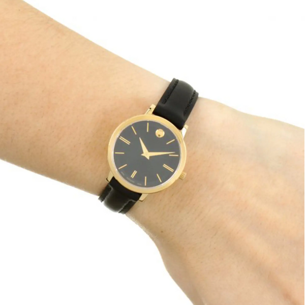 Movado Ultra Slim Black Dial Black Leather Strap Watch For Women -  0607095