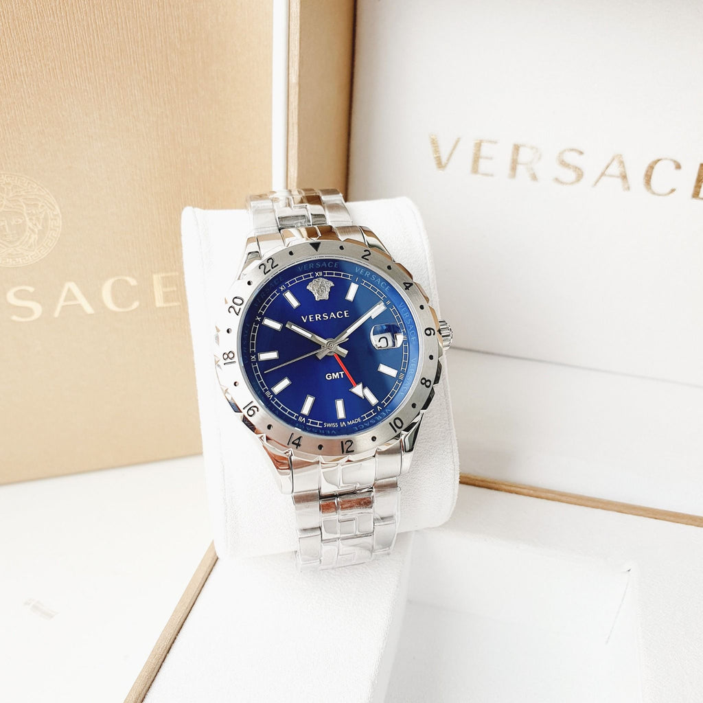 Versace Hellenyium GMT Blue Dial Silver Steel Strap Watch for Men - V11010015