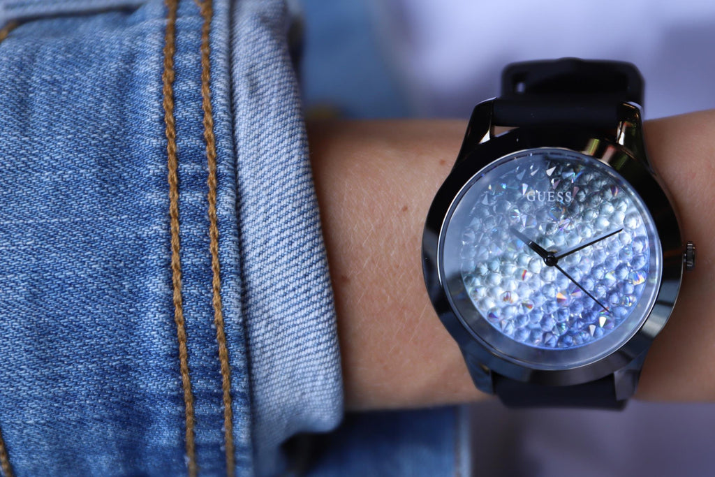 Guess Crush Crystals Silver Dial Black Rubber Strap Watch for Women - W1223L4