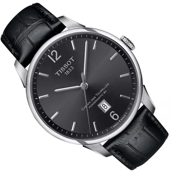 Tissot Chemin Des Tourelles Powermatic 80 Black Dial Black Leather Strap Watch For Men - T099.407.16.447.00