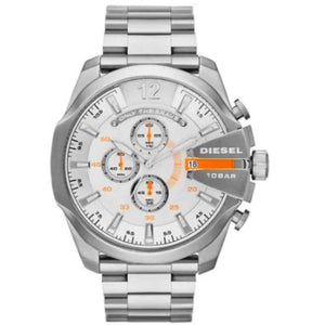 Diesel Mega Chief Chronograph White Dial Silver Steel Strap Watch For Men - DZ4328