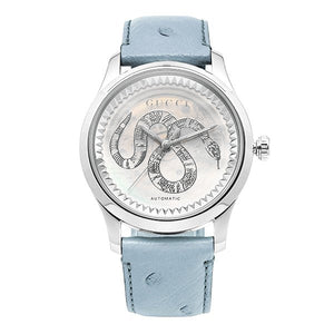 Gucci G Timeless Automatic Mother of Pearl Dial Blue Leather Strap Watch For Women - YA1264113