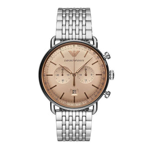 Emporio Armani Aviator Chronograph Beige Dial Silver Steel Strap Watch For Men - AR11239