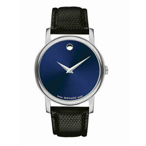 Movado Museum Blue Dial Black Leather Strap Watch For  Men - 2100009