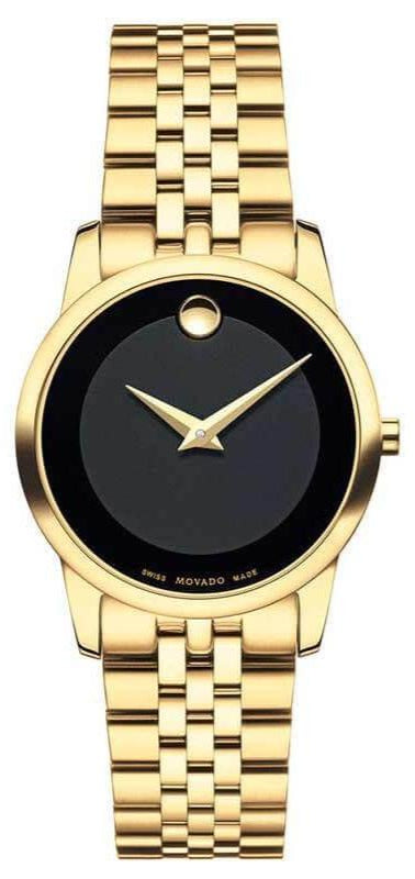 Movado Museum Classic Quartz Black Dial Gold Steel Strap Watch For Women - 0607005