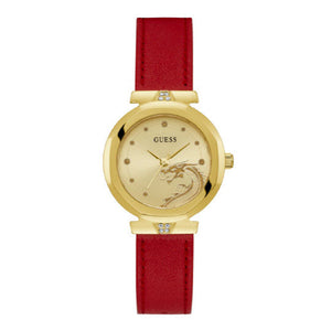 Guess Trend Dragon Gold Dial Red Leather Strap Watch For Women - GW0646L1