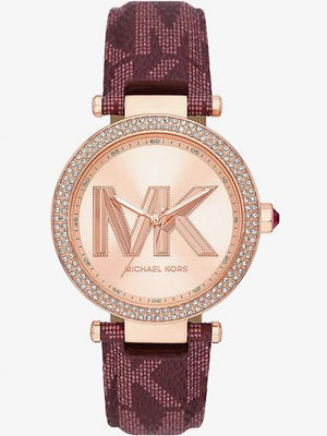 Michael Kors Parker Rose Gold Dial Maroon Leather Strap Watch For Women - MK2974