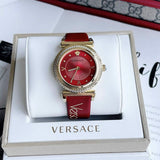 Versace V-Motif Red Dial Red Leather Strap Watch for Women - VERE00418