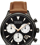 Movado Heritage Calendoplan Chronograph Black Dial Brown Leather Strap Watch for Men - 3650022