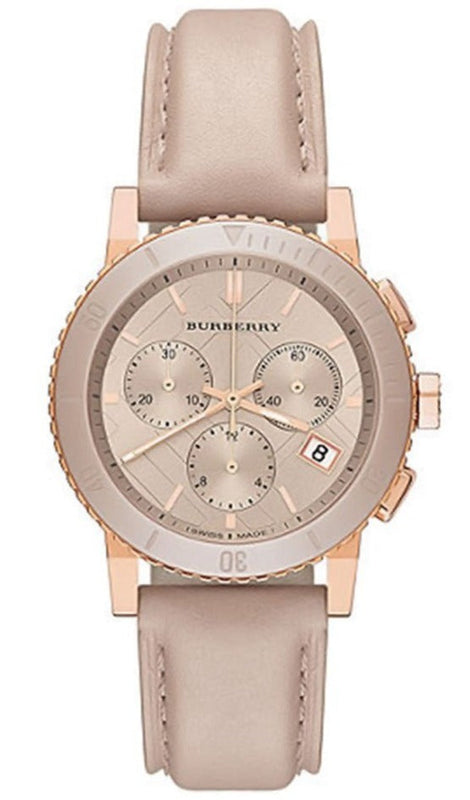 Burberry Chronograph Rose Gold Dial Beige Leather Strap Watch for Women - BU9704