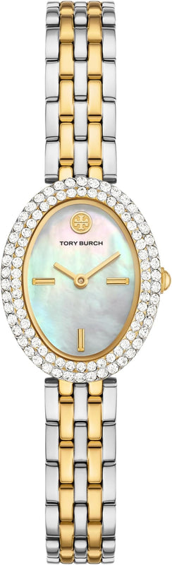 Tory Burch Oval Crystals Mother of Pearl Dial Two Tone Steel Strap Watch for Women - YBW6037