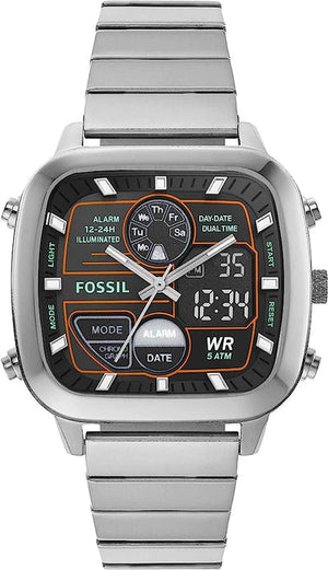 Fossil Retro Analog-Digital Black Dial Silver Steel Strap Watch for Men - FS5890