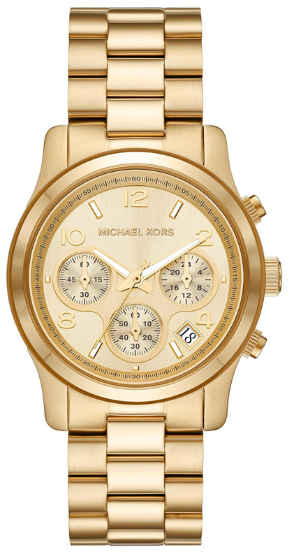 Michael Kors Runway Chronograph Gold Dial Gold Steel Strap Watch For Women - MK7323