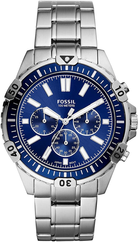 Fossil Garrett Chronograph Blue Dial Silver Steel Strap Watch for Men - FS5623