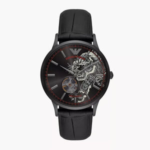 Emporio Armani Meccanico Skeleton Black Dial Black Leather Strap Watch For Men - AR60046