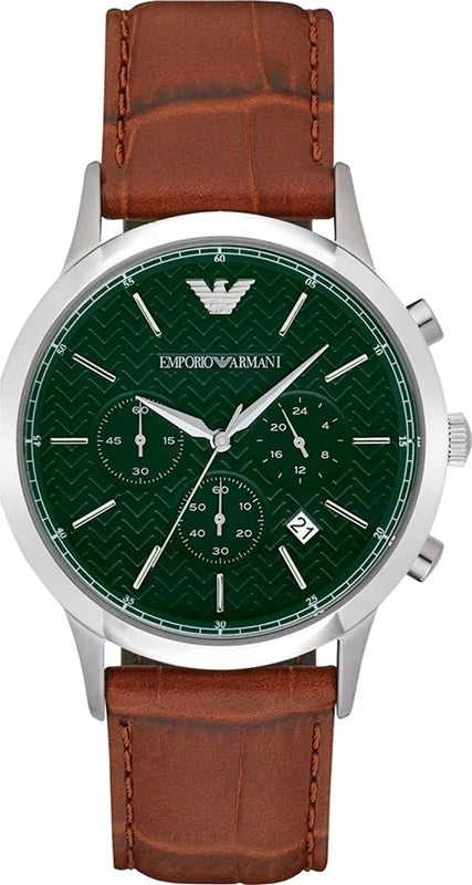 Emporio Armani Renato Chronograph Green Dial Brown Leather Strap Watch For Men - AR2493