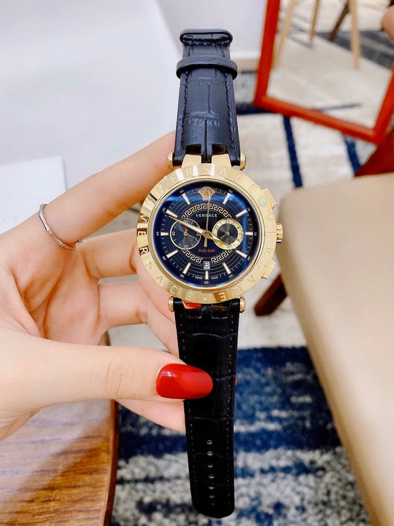 Versace V-Race Multifunction Quartz Blue Dial Blue Leather Strap Watch For Men - VEBV00219