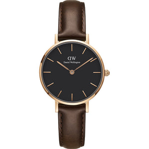 Daniel Wellington Classic Petite Bristol Black Dial Brown Leather Strap Watch For Women - DW00100165