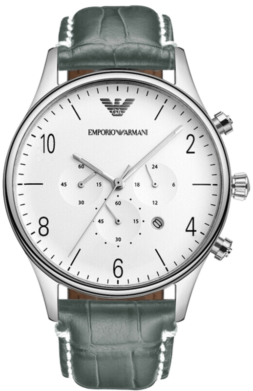 Emporio Armani Classic Chronograph Silver Dial Grey Leather Strap Watch For Men - AR1861