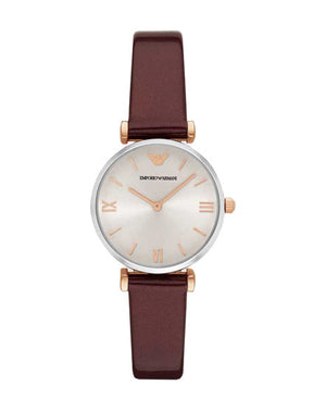 Emporio Armani Gianni T-Bar Quartz Silver Dial Brown Leather Strap Watch For Women - AR11061