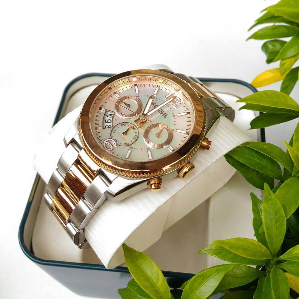 Fossil Perfect Boyfriend Mother of Pearl Dial Two Tone Steel Strap Watch for Women - ES4135