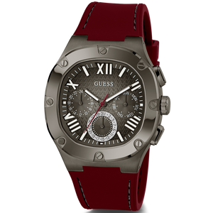 Guess Headline Multifunction Grey Dial Burgundy Silicone Strap Watch For Men - GW0571G4